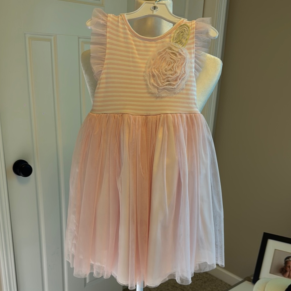 Pink Striped Kids Dress with Floral Accent